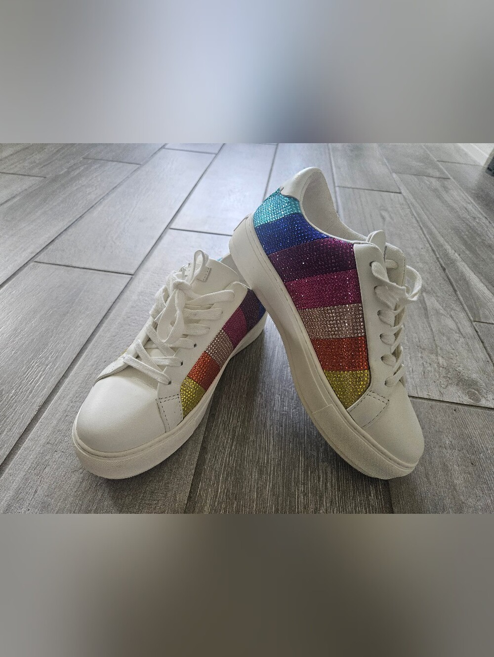 Kurt Geiger London Laney Stripe Crystal Sneakers White Rainbow